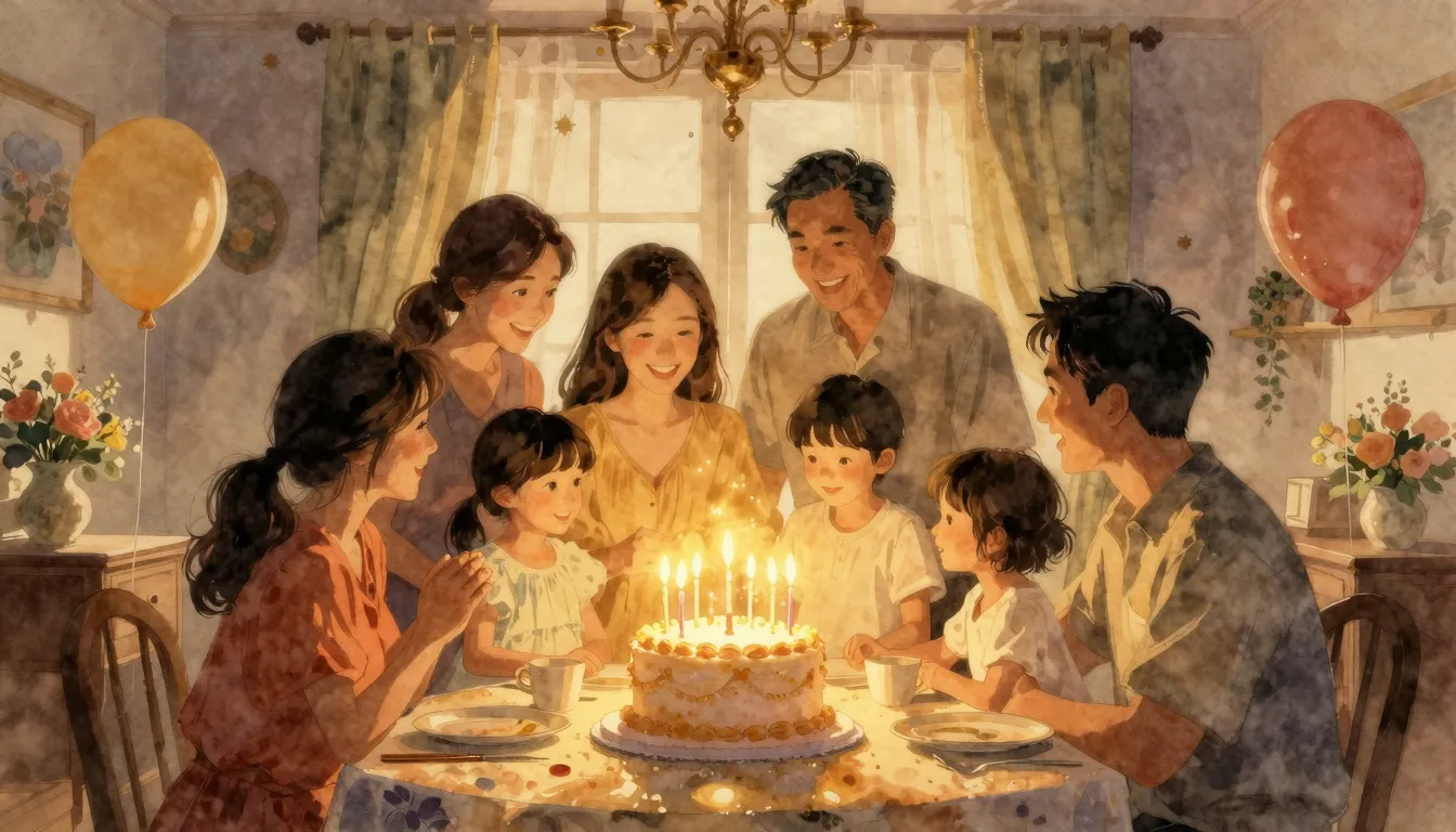 Watercolor style. Silhouettes of a large happy family gather...