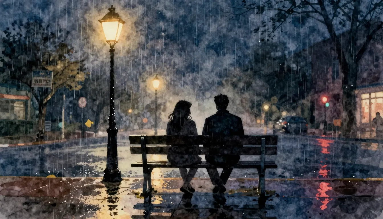 Watercolor style. A silhouette of a couple sitting on a benc...