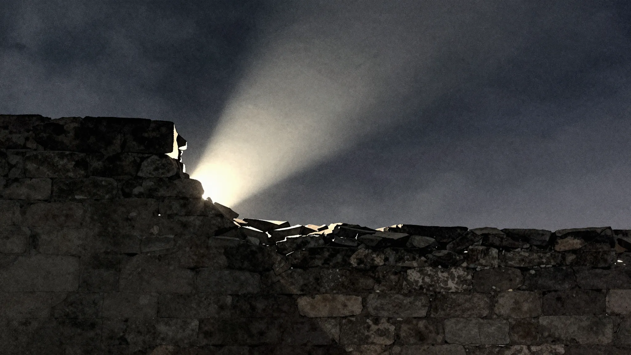 Watercolor style. Silhouette of a crumbling stone wall under...