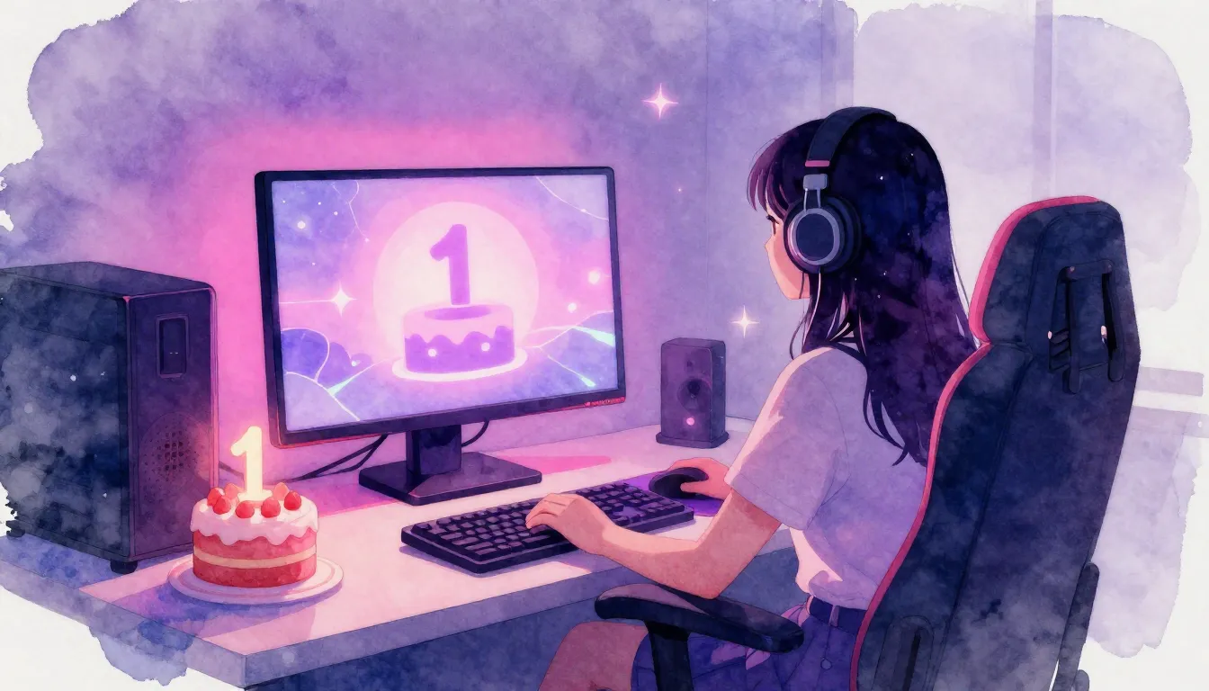 Watercolor style. A cozy gaming setup with a glowing monitor...