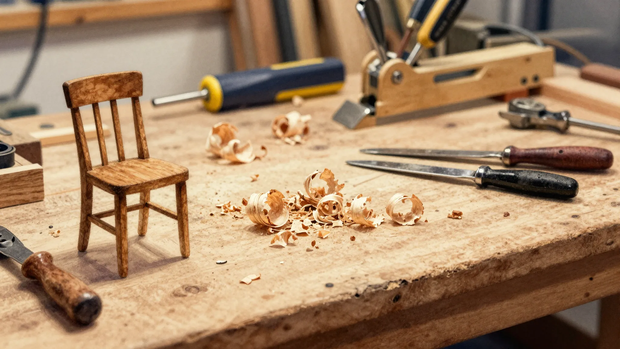 Watercolor style. Close-up of a carpenter's workbench with w...