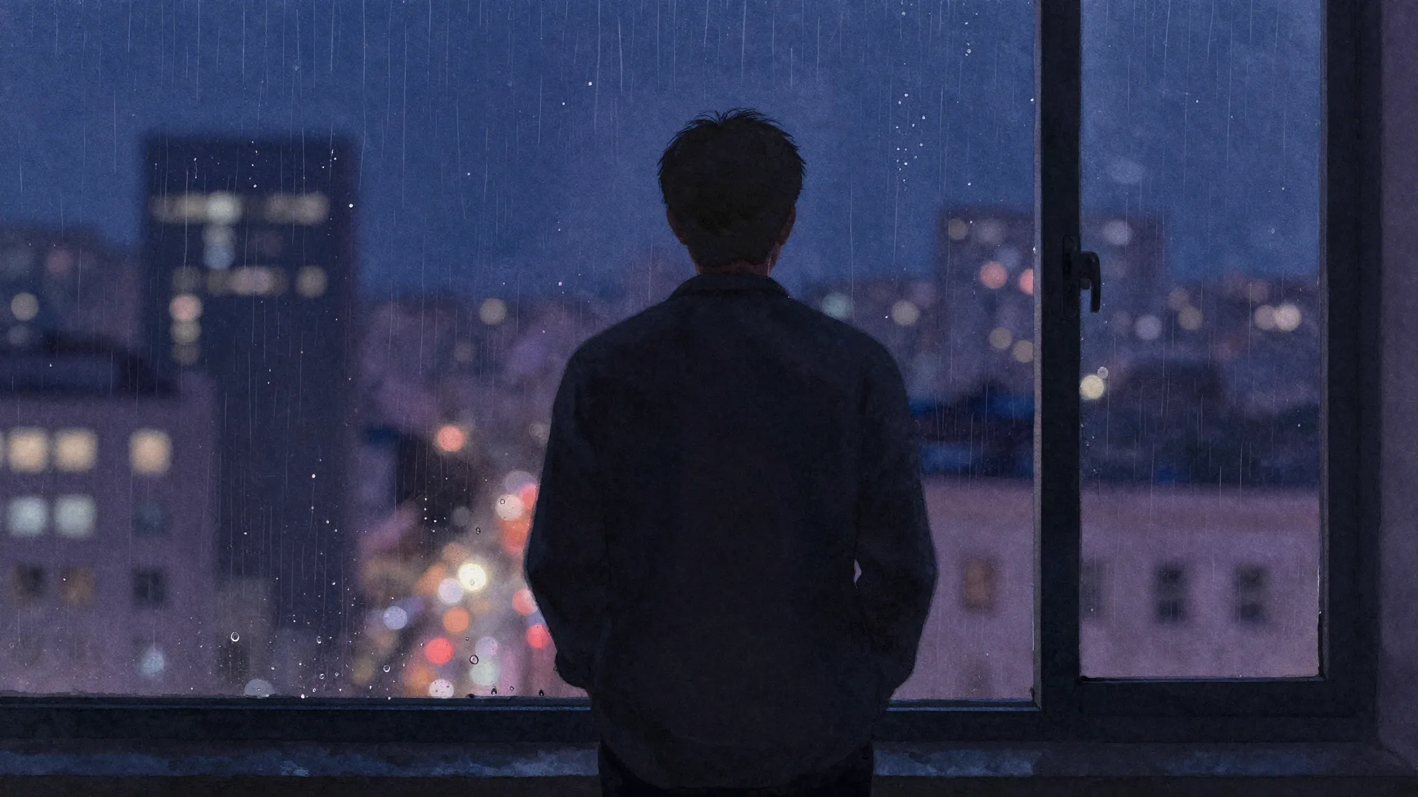 Watercolor style. A dark silhouette of a person standing by ...