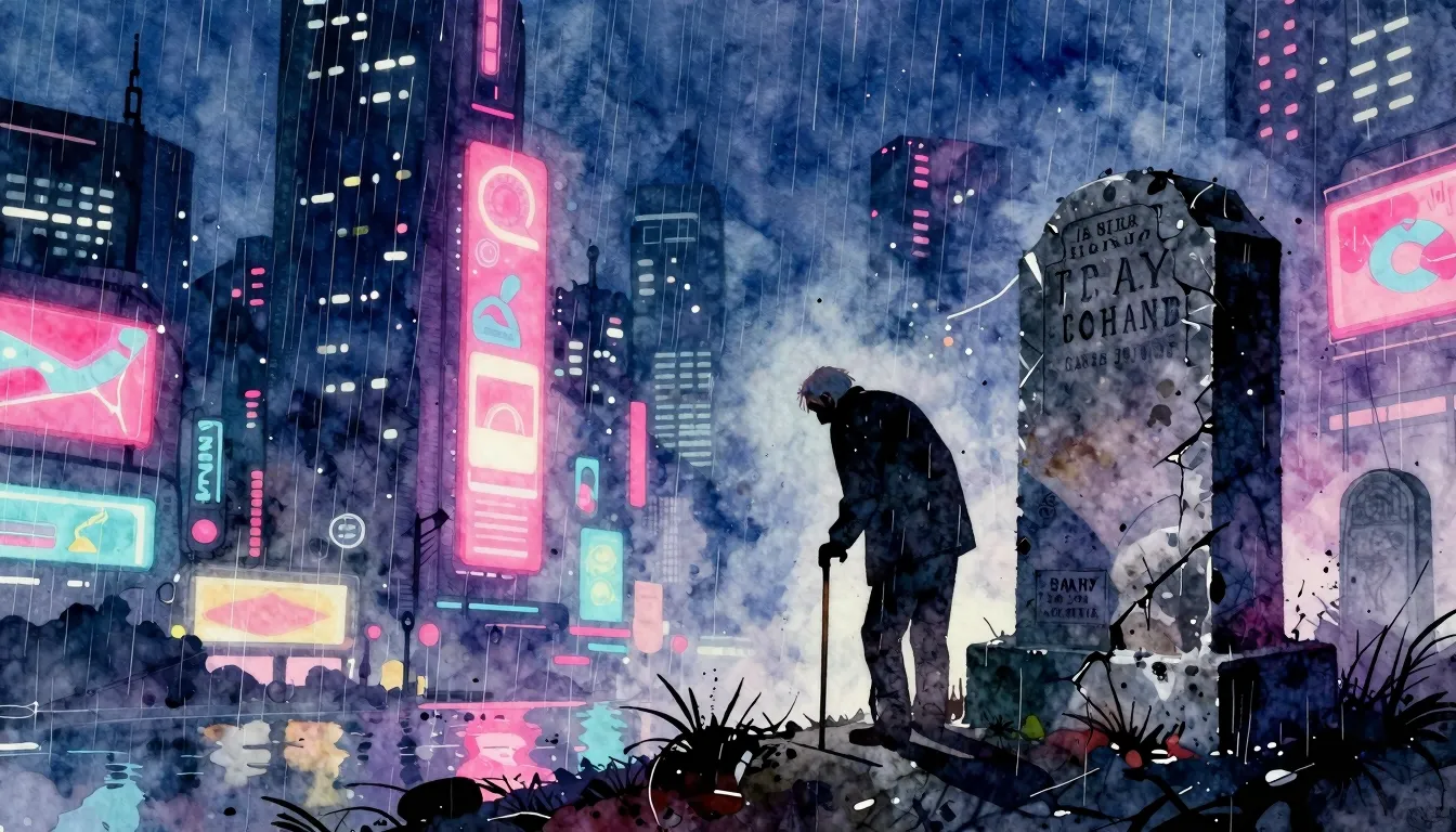 Vibrant watercolor style. Cyberpunk album cover: A desolate,...
