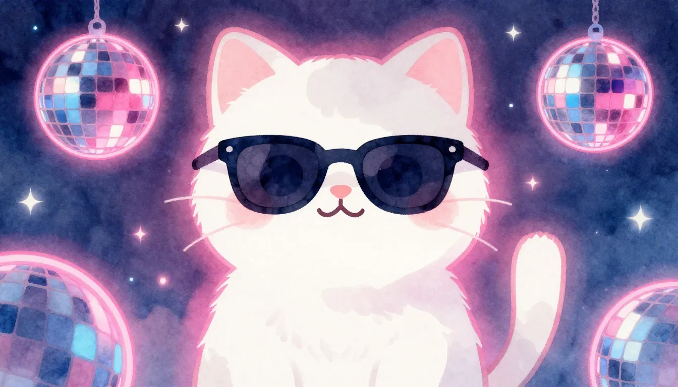 Watercolor style. Cute fluffy cat silhouette wearing sunglas...