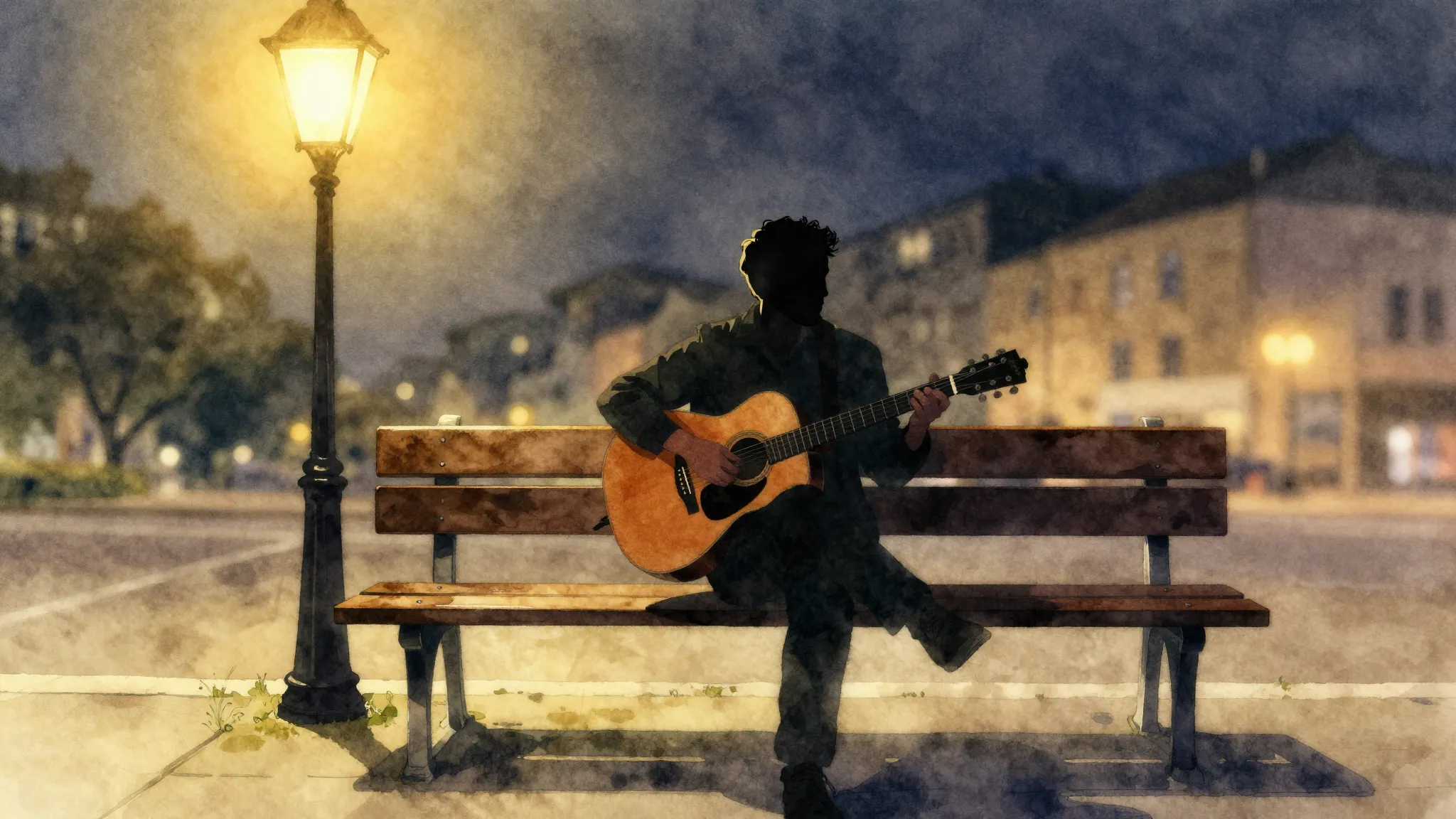 Watercolor style. A silhouette of a man with an acoustic gui...