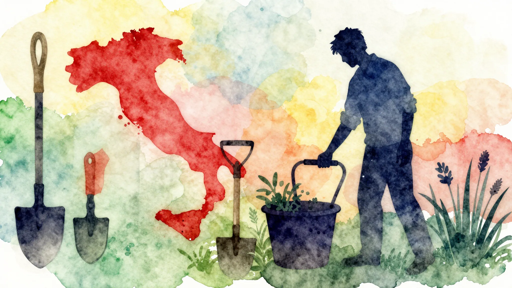 Vibrant watercolor style. Garden tools, Italy, silhouette of...
