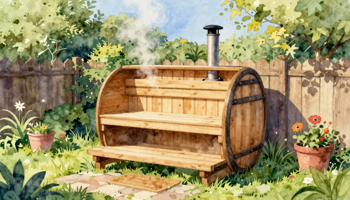 Watercolor style. A cozy wooden barrel sauna nestled in a gr...