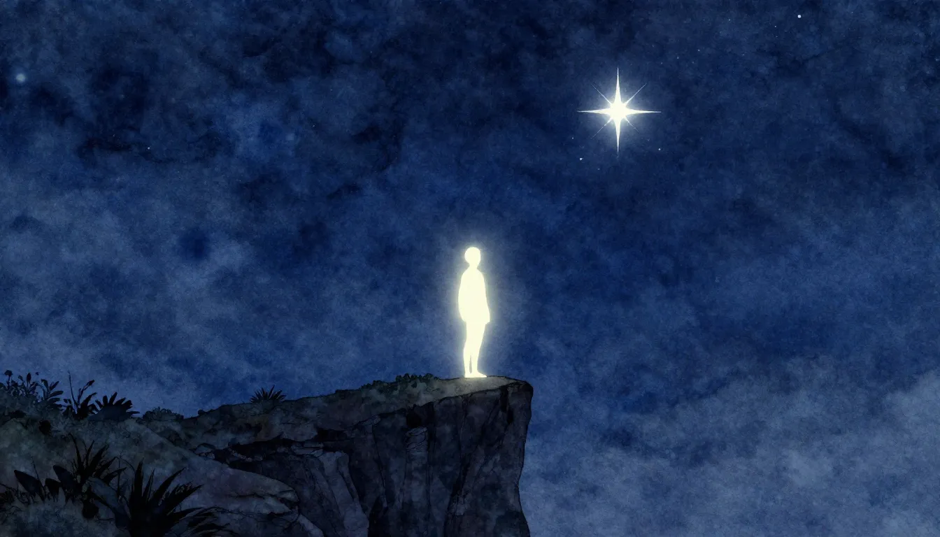 Watercolor style. A dark blue night sky with a glowing silho...