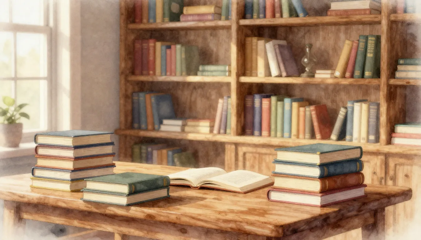 Watercolor style. Cozy home library with wooden shelves, sun...