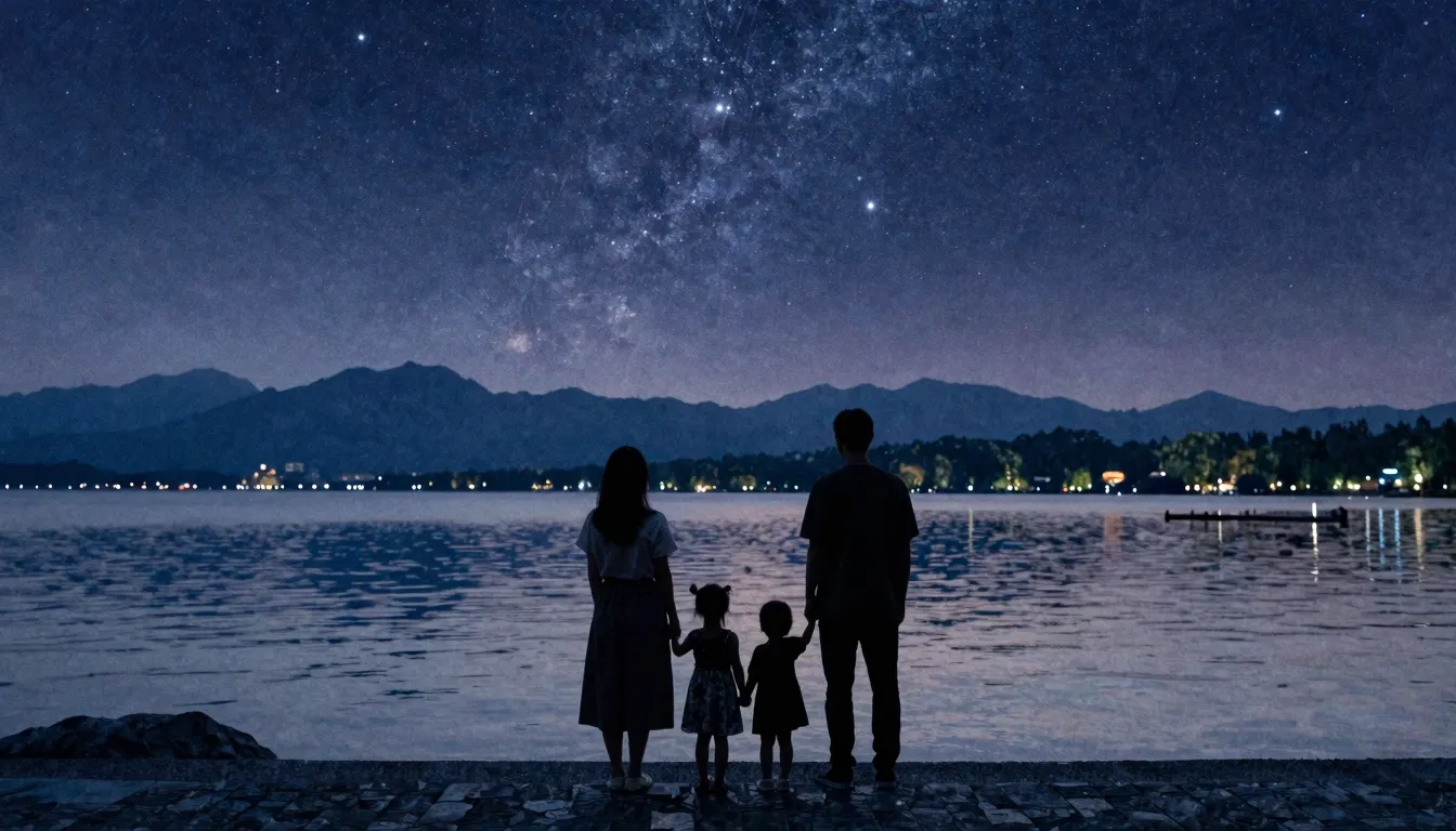 Watercolor style. Silhouette of a family standing by a calm ...