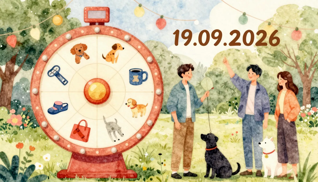 Watercolor style. A bright prize wheel with icons of dog acc...
