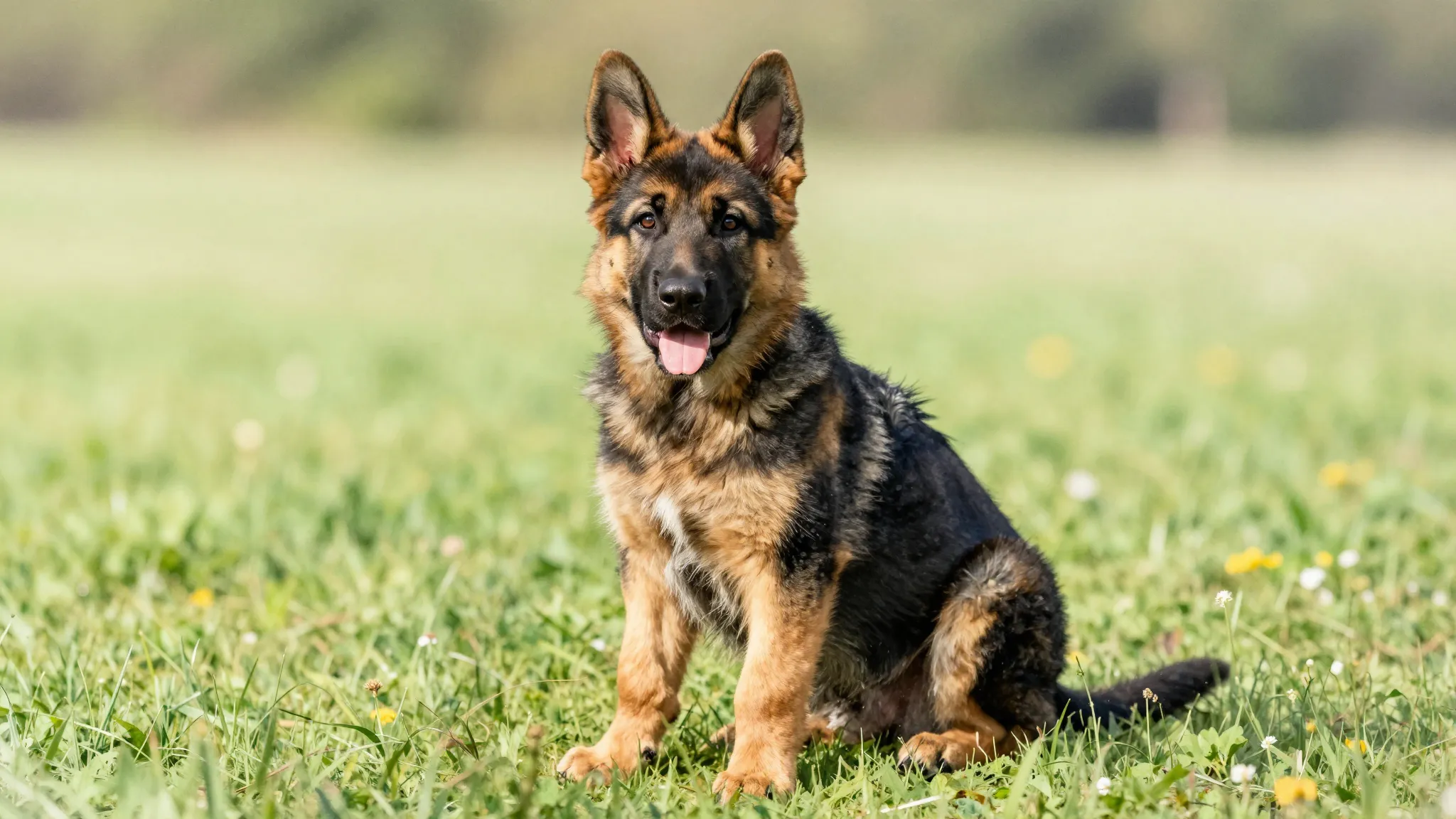 Watercolor style. A majestic young German Shepherd puppy sit...