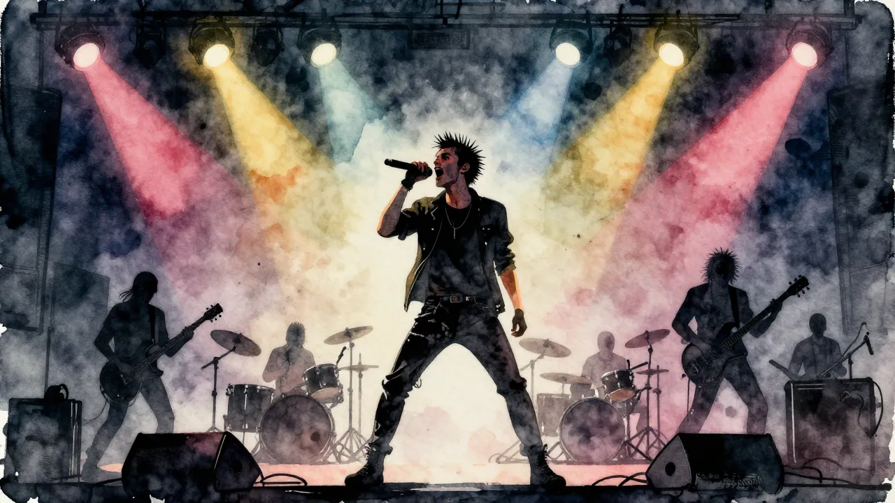Watercolor style. Punk rocker shouting on stage under bright...