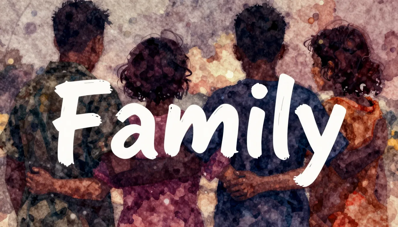 Vibrant watercolor style. Rap album cover: "Family" theme. S...
