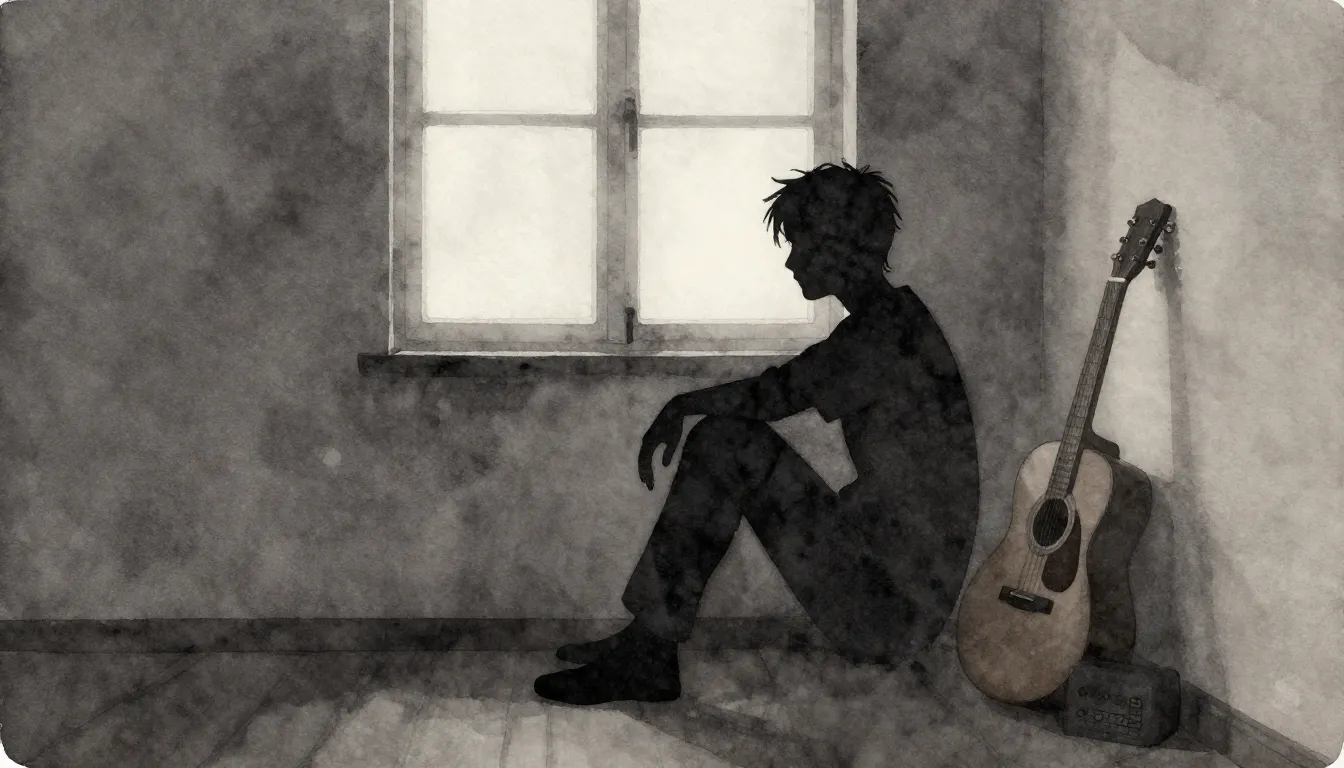 Watercolor style. Silhouette of a person sitting alone in a ...