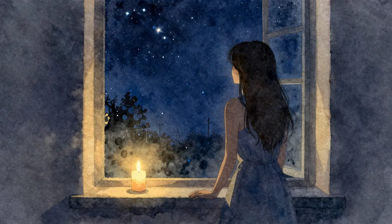 Watercolor style. Silhouette of a woman looking out a window...