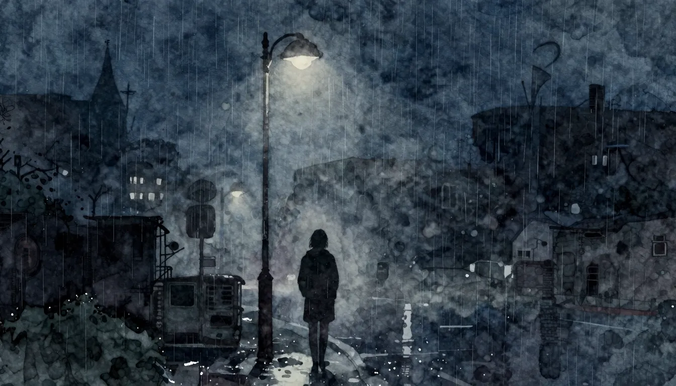 Watercolor style. A lonely silhouette of a person standing u...