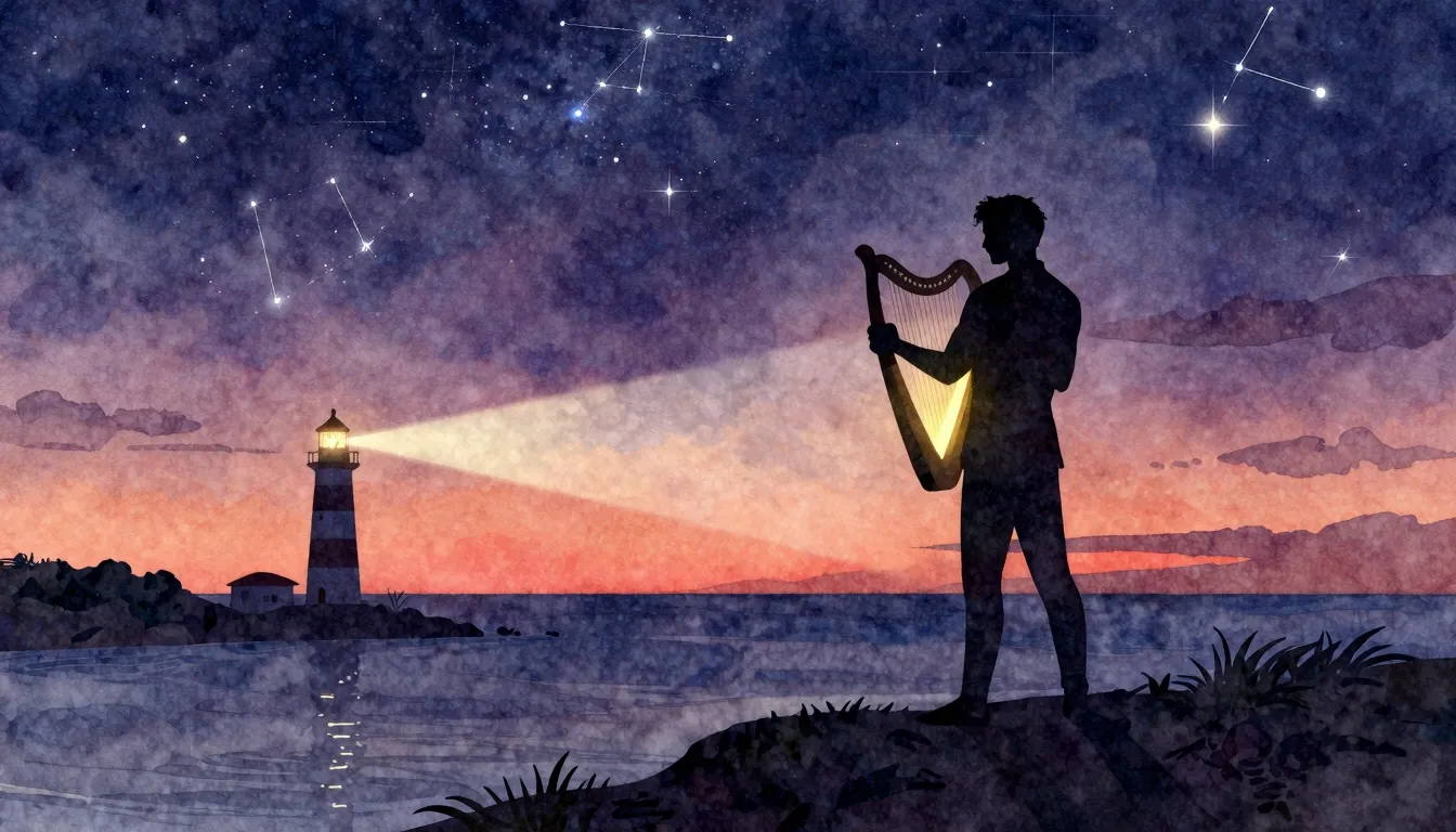 Watercolor style. A silhouette of a man standing on a hill a...