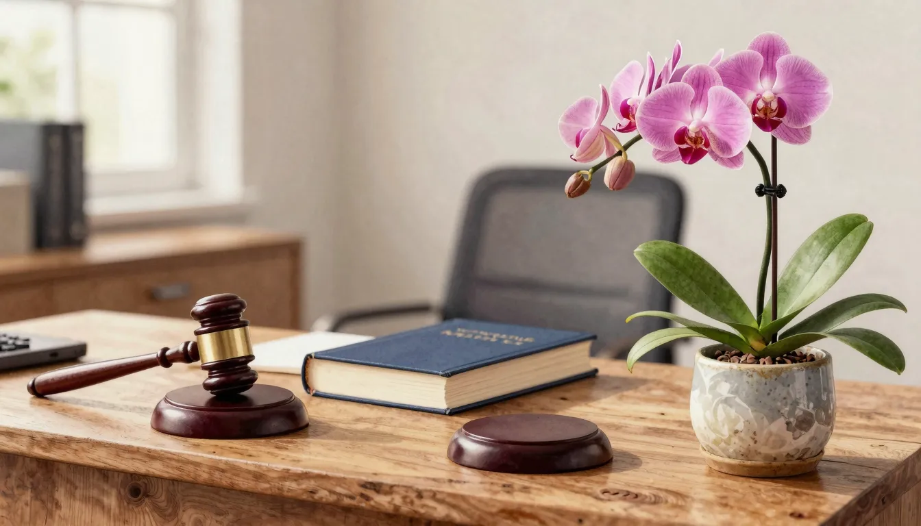 Watercolor style. A wooden desk with a judge's gavel and a l...