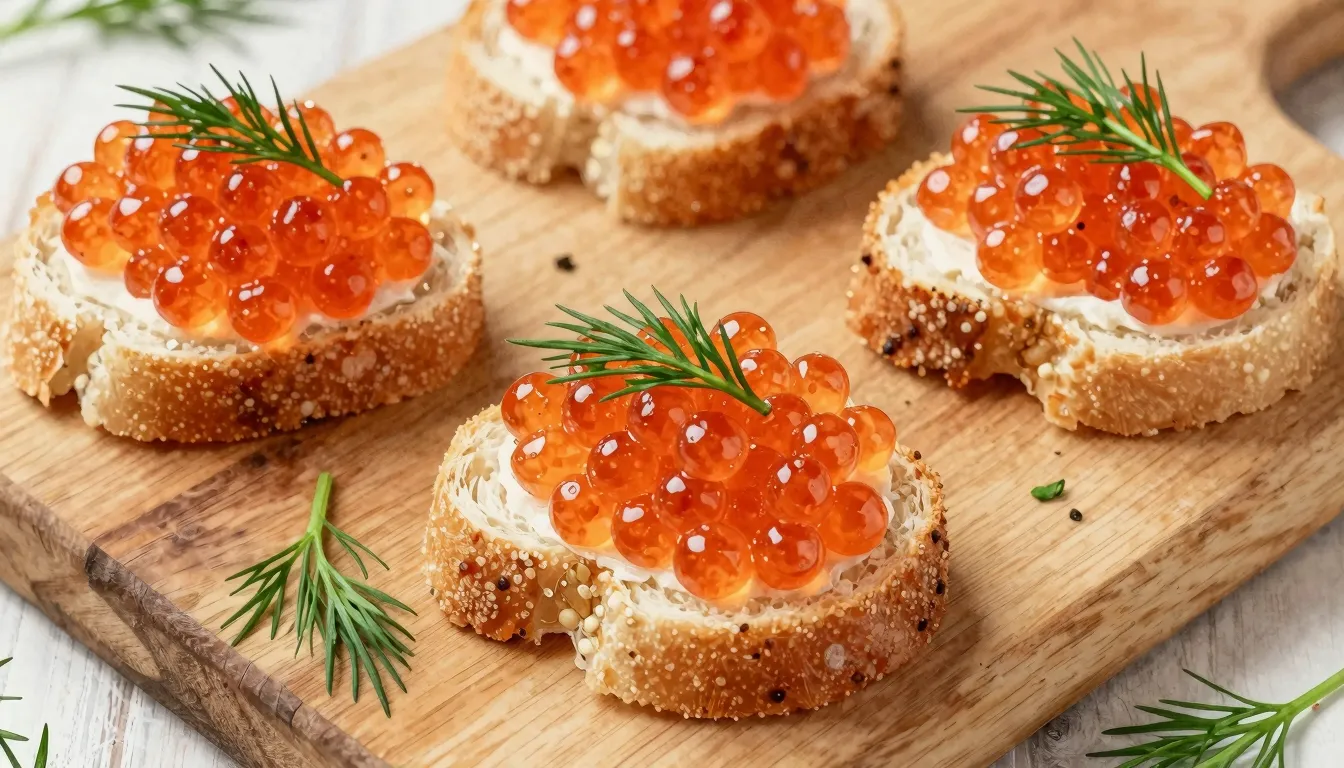 Watercolor style. Top view of several red caviar sandwiches ...