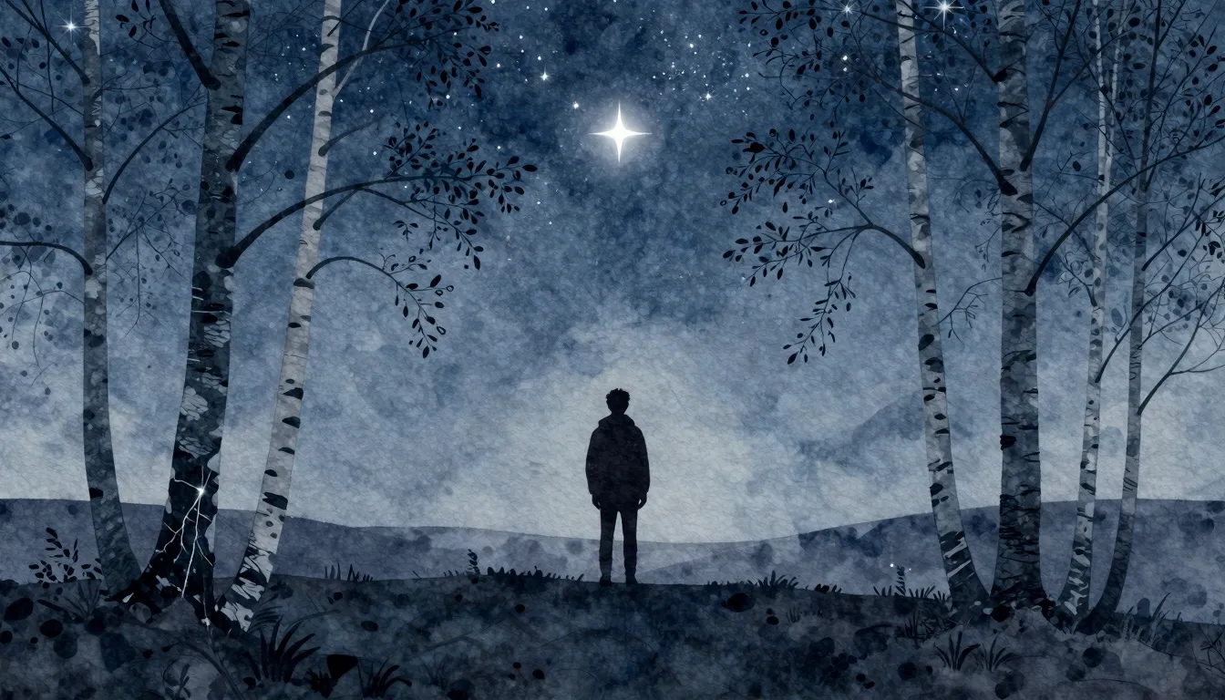 Watercolor style. A silhouette of a lone wanderer stands on ...