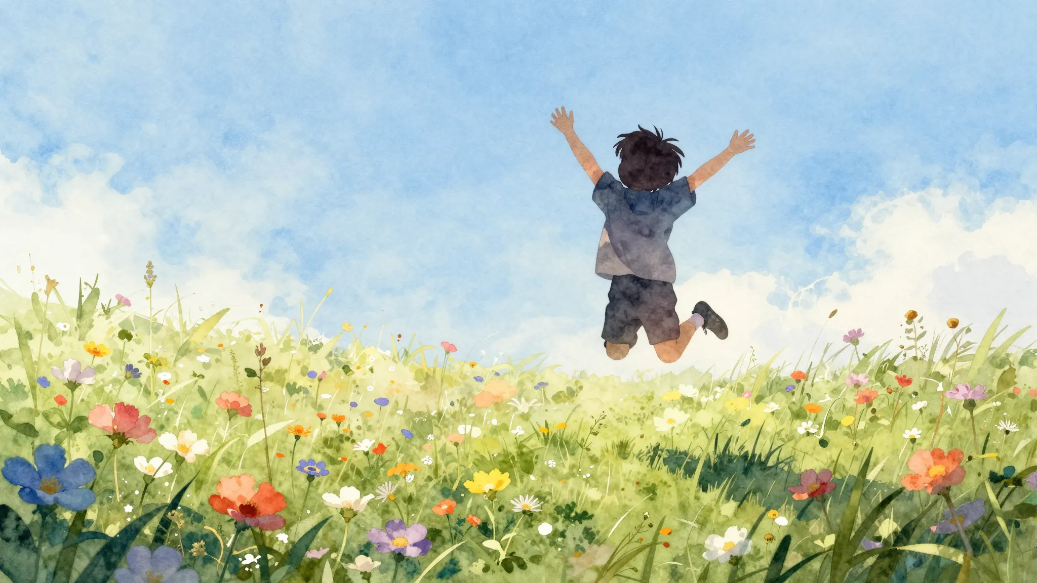Watercolor style. A stylized silhouette of a small child jum...