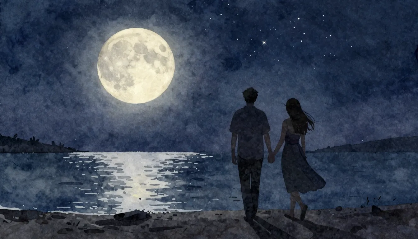 Watercolor style. A silhouette of a couple holding hands, wa...