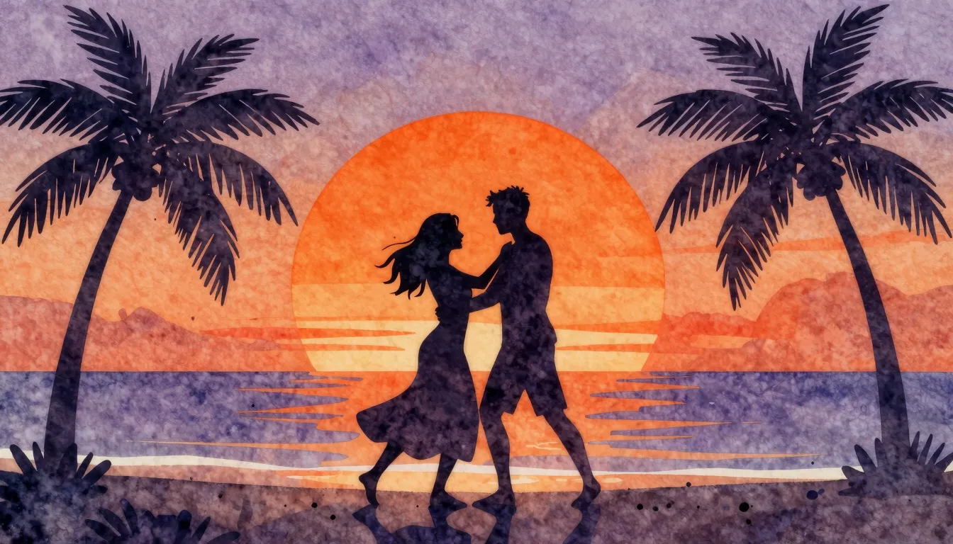 Watercolor style. Silhouette of a couple dancing on a tropic...