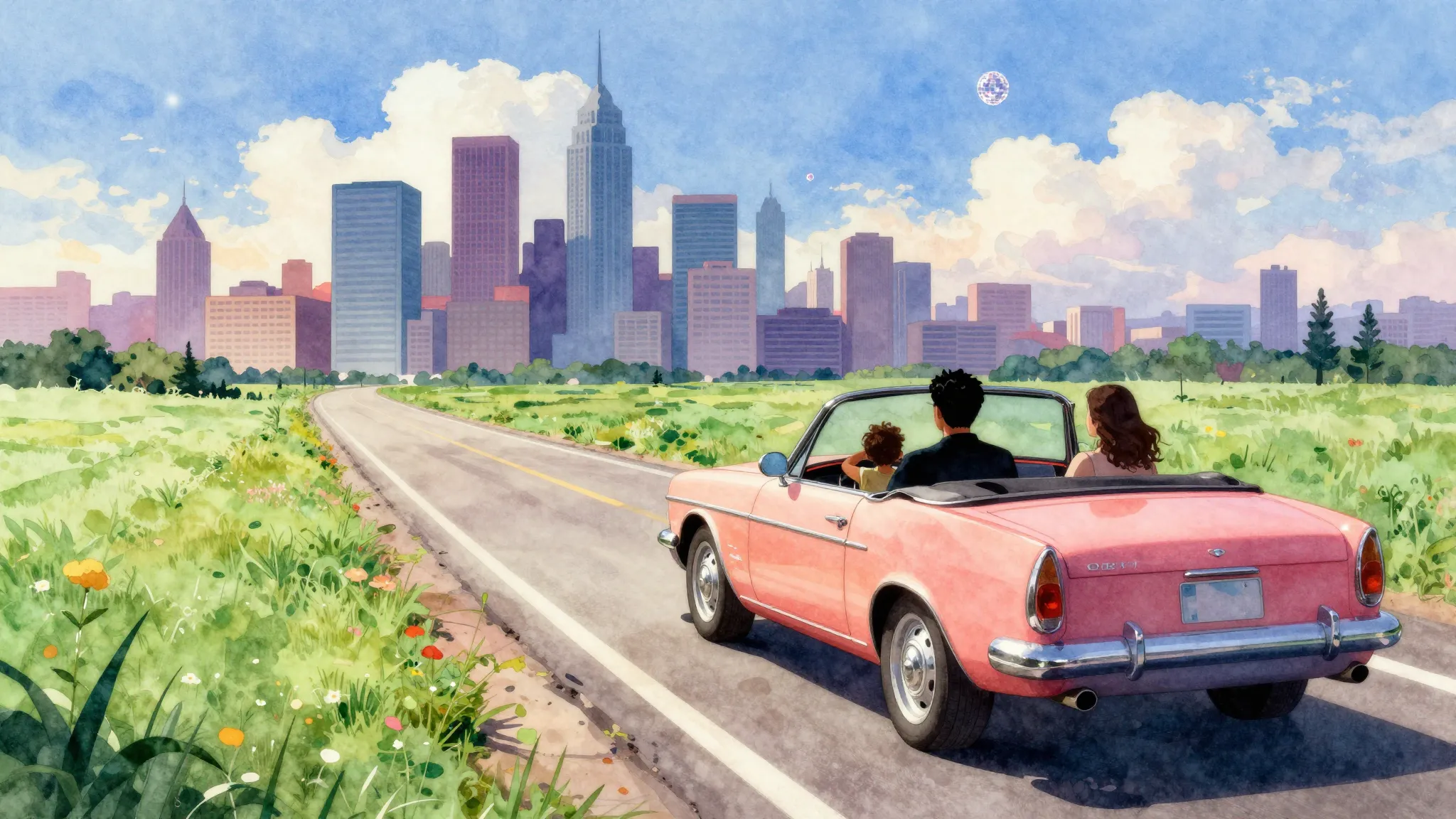 Watercolor style. A retro convertible car driving on a sunny...