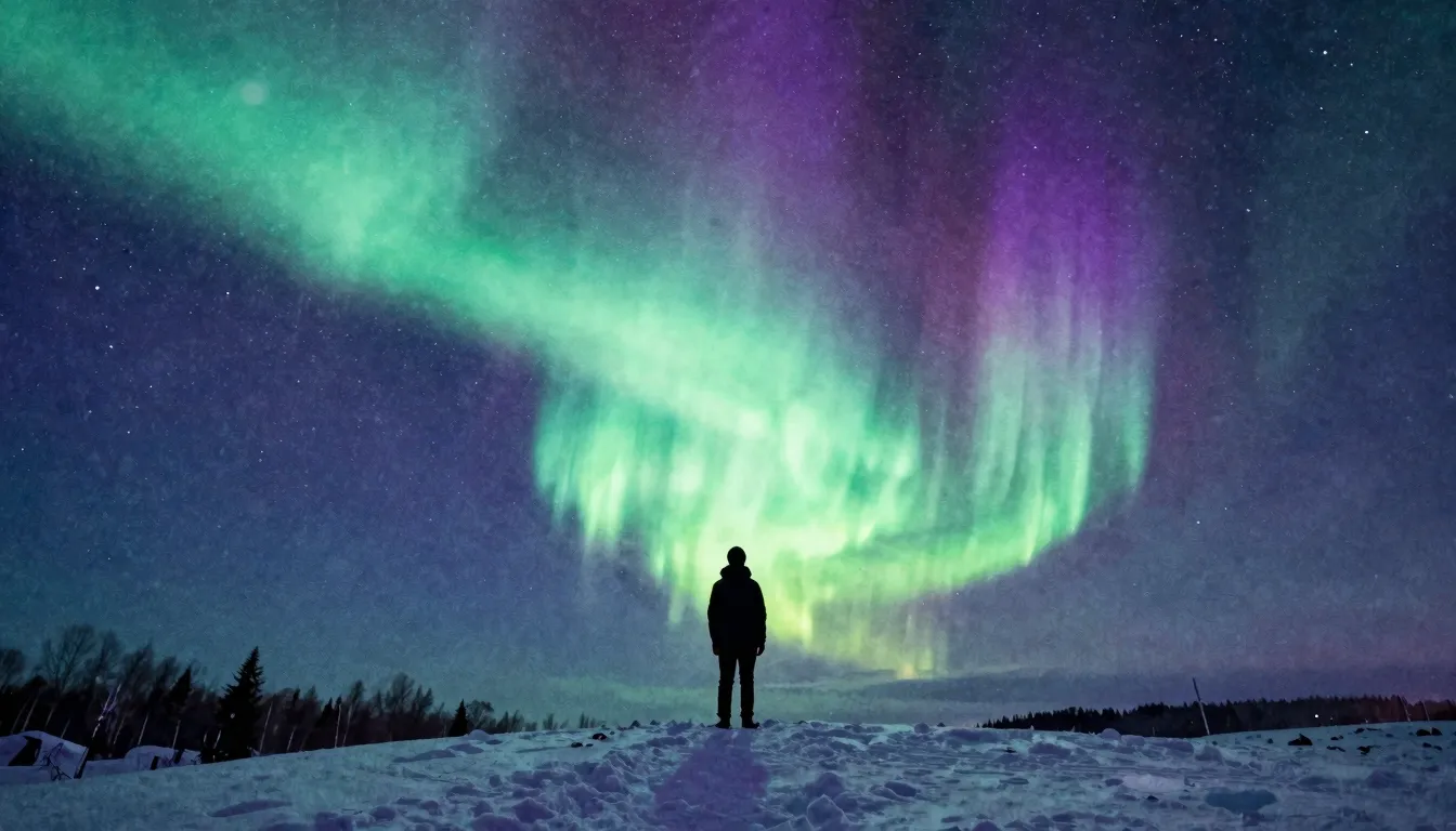 Watercolor style. A silhouette of a person standing on a sno...