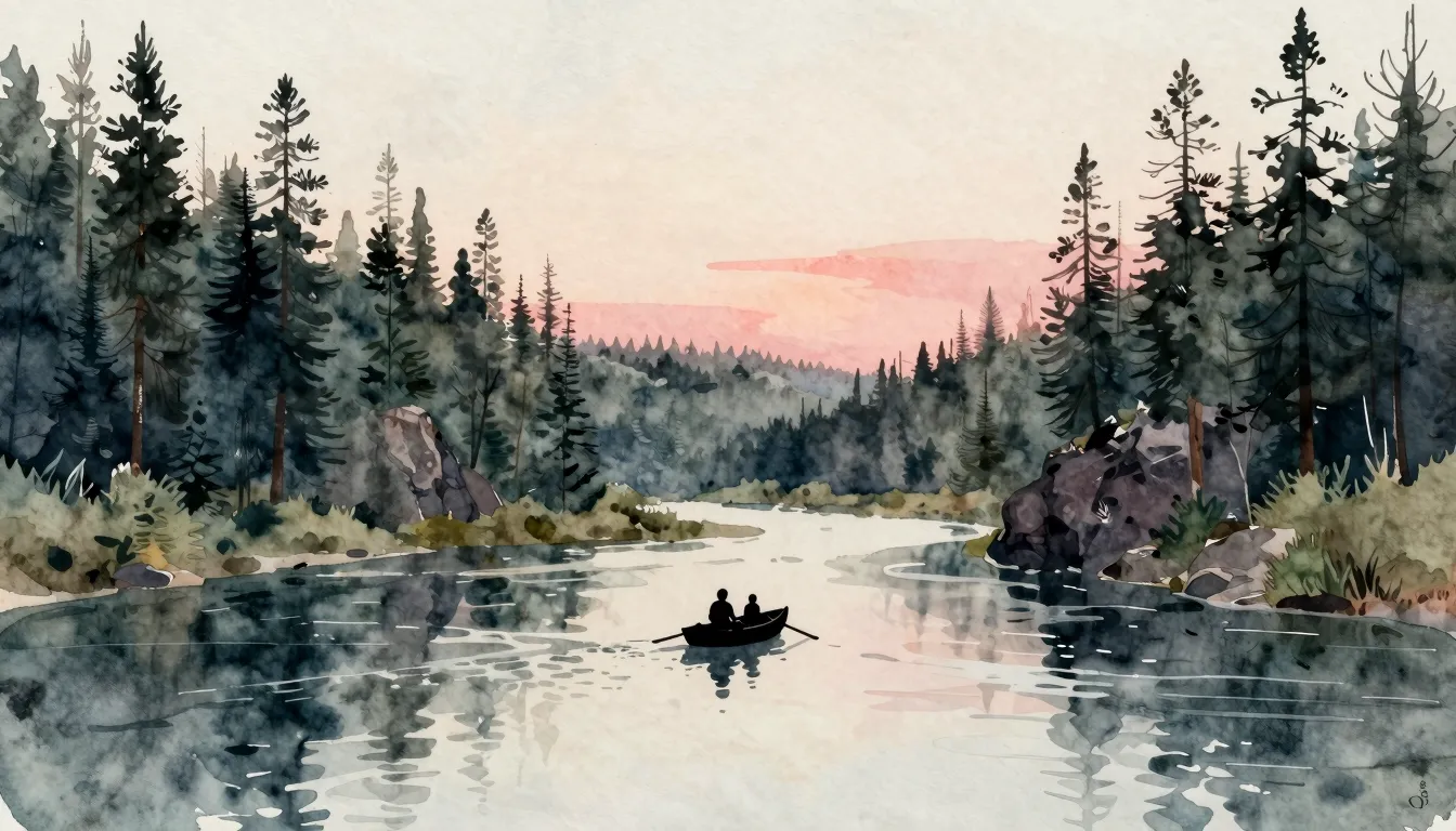 Watercolor style. Silhouette of a raft floating on a calm ri...