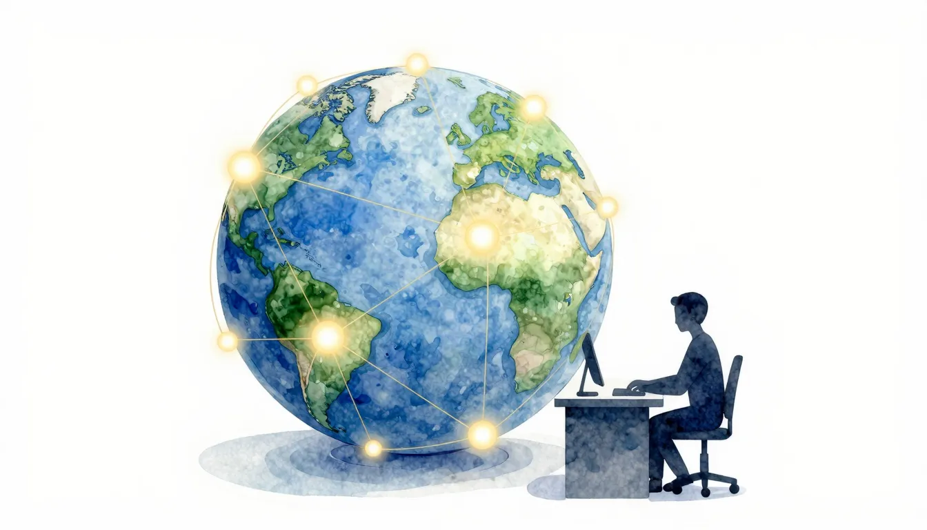 Watercolor style. A stylized 3D globe with glowing nodes con...