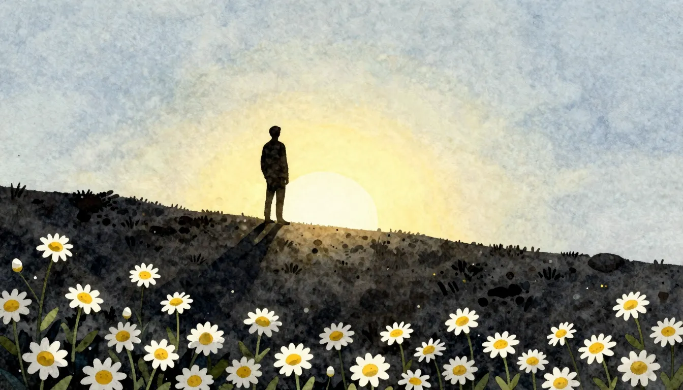 Watercolor style. A lone silhouette stands on a dark hill, f...