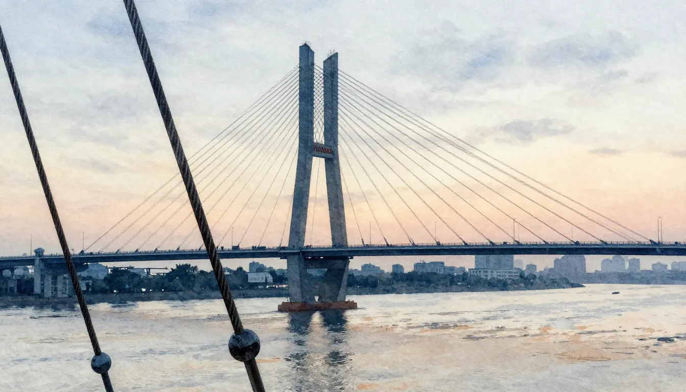 Watercolor style. Close-up of thick steel cables of a cable-...