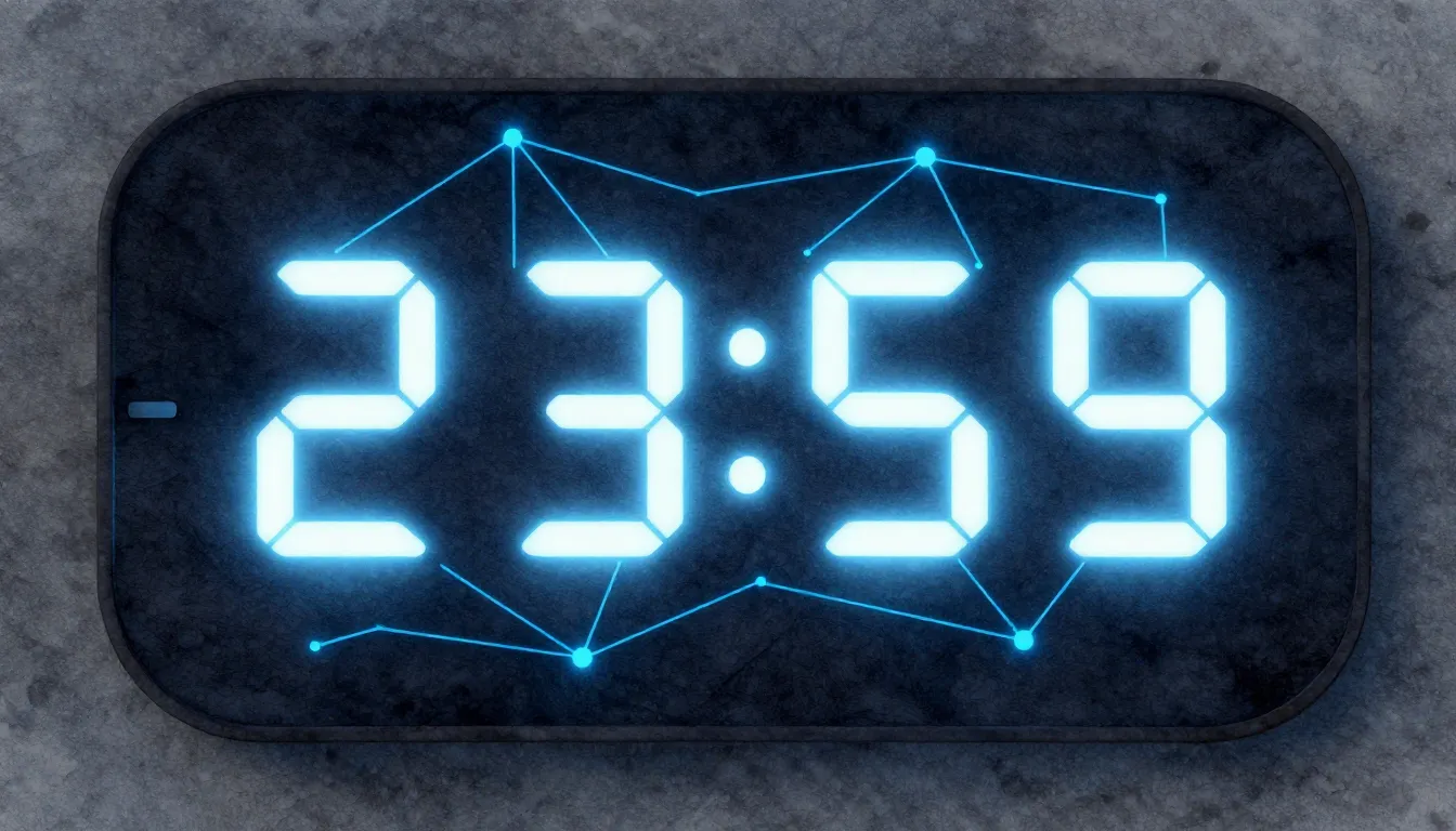 Watercolor style. A minimalist digital clock showing 23:59, ...