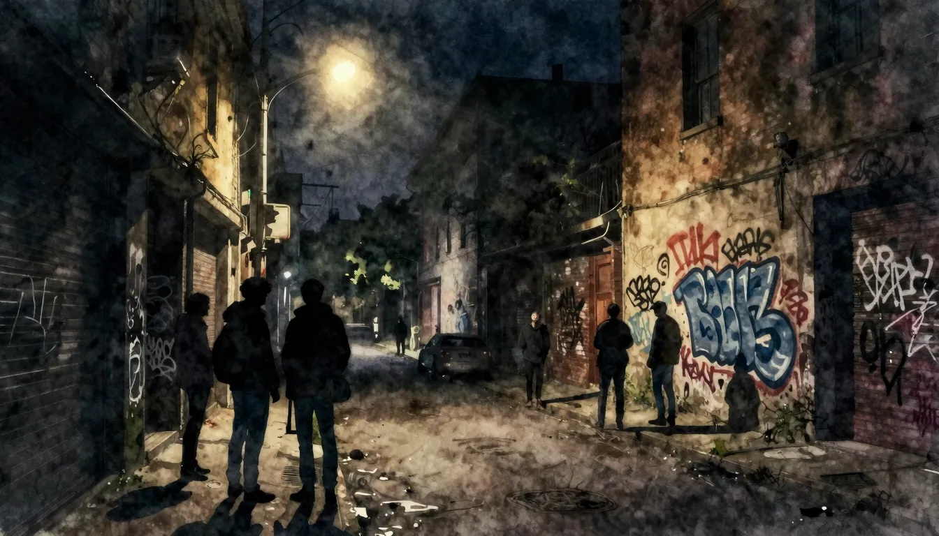 Watercolor style. A dark, gritty urban street at night, silh...