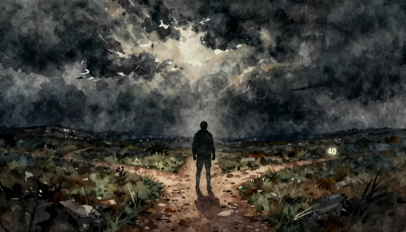 Watercolor style. A dark, stormy landscape with a single, di...