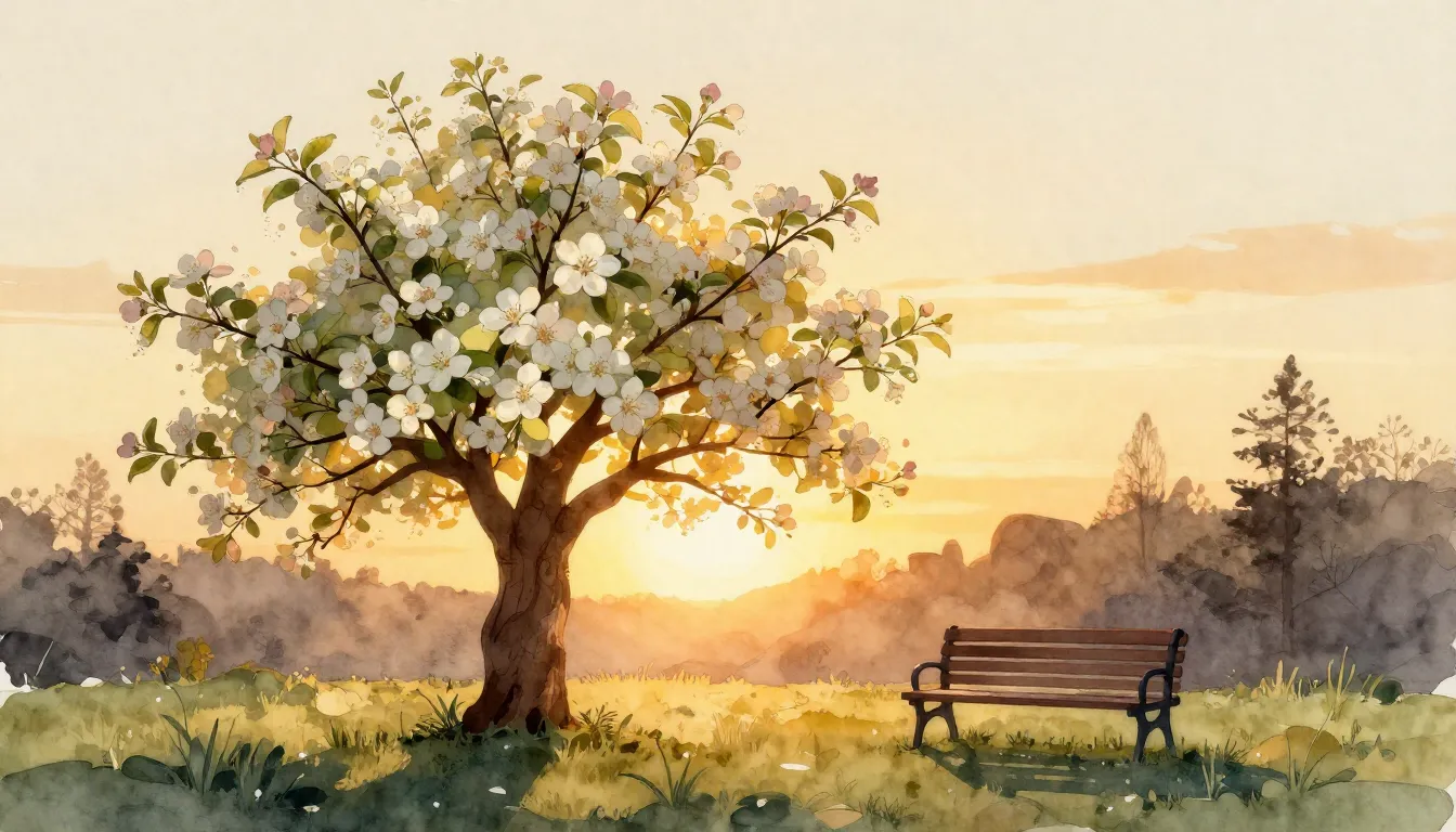 Watercolor style. A silhouette of a blooming apple tree in a...
