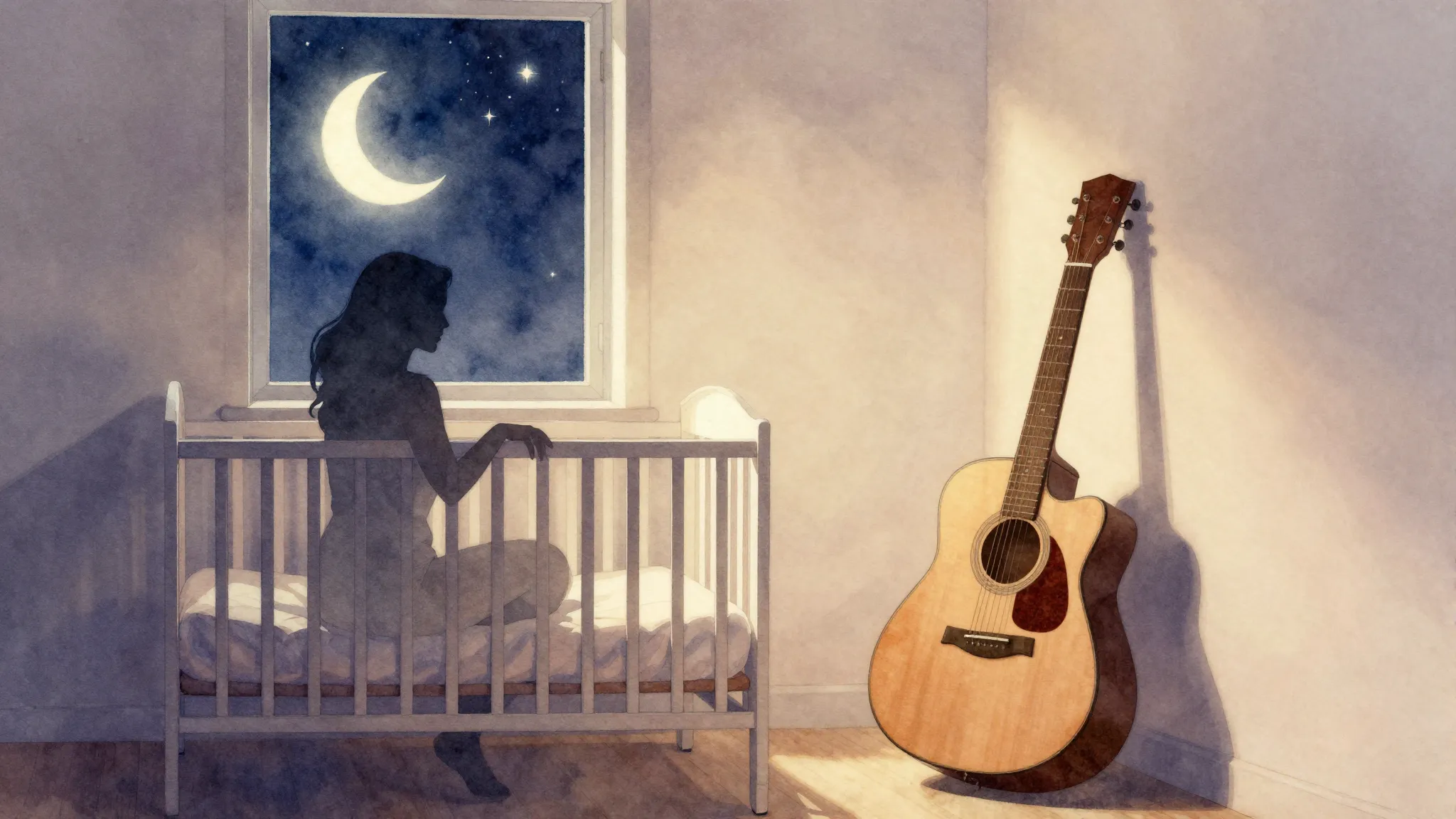 Watercolor style. A silhouette of a mother sitting by a crib...