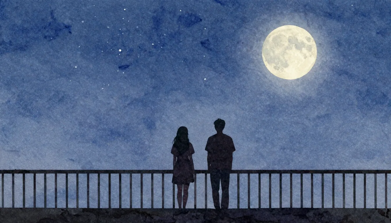 Watercolor style. A silhouette of two figures standing on a ...