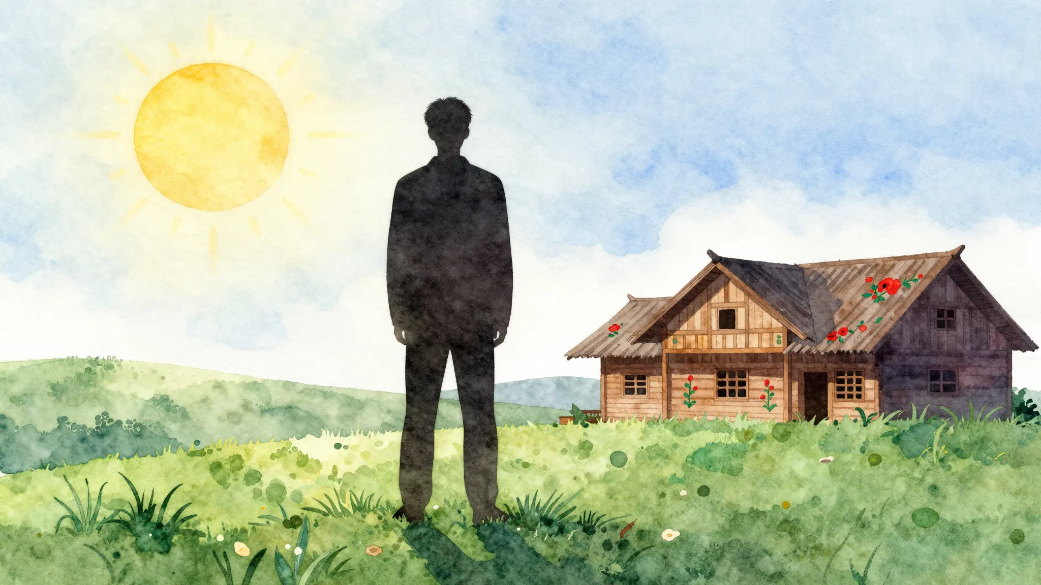 Watercolor style. A silhouette of a tall young man standing ...