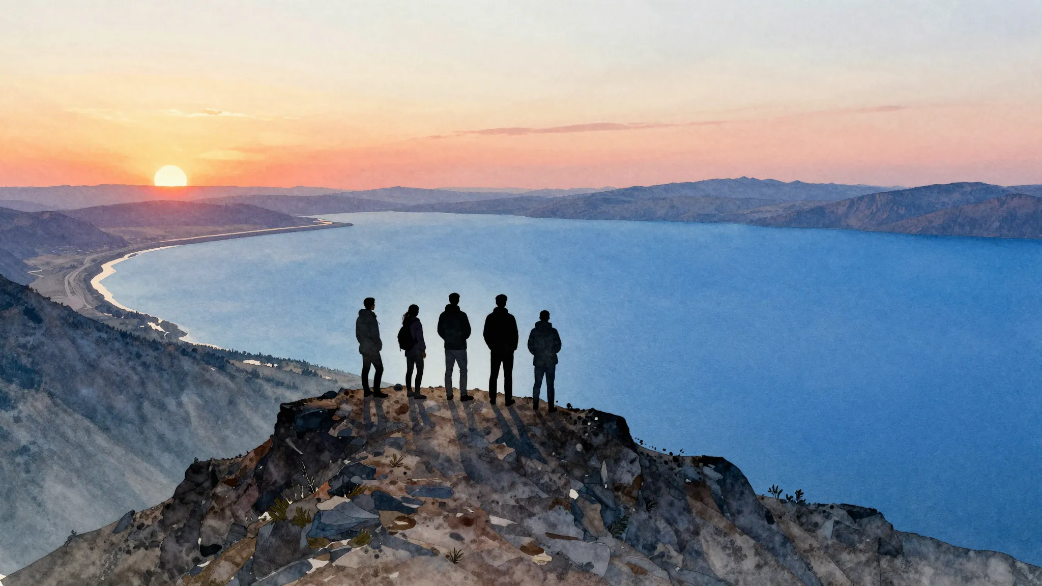 Watercolor style. Silhouettes of 5 people standing on a moun...