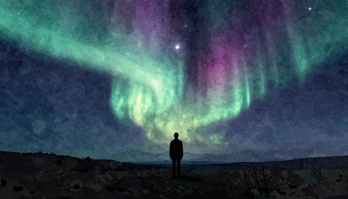 Watercolor style. A lonely silhouette stands in the dark, lo...