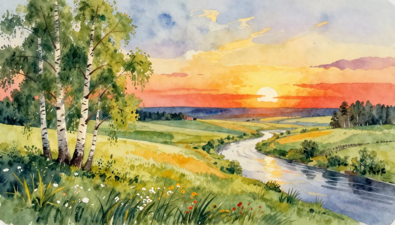 Vibrant watercolor style. Russian folk song album cover. Wid...