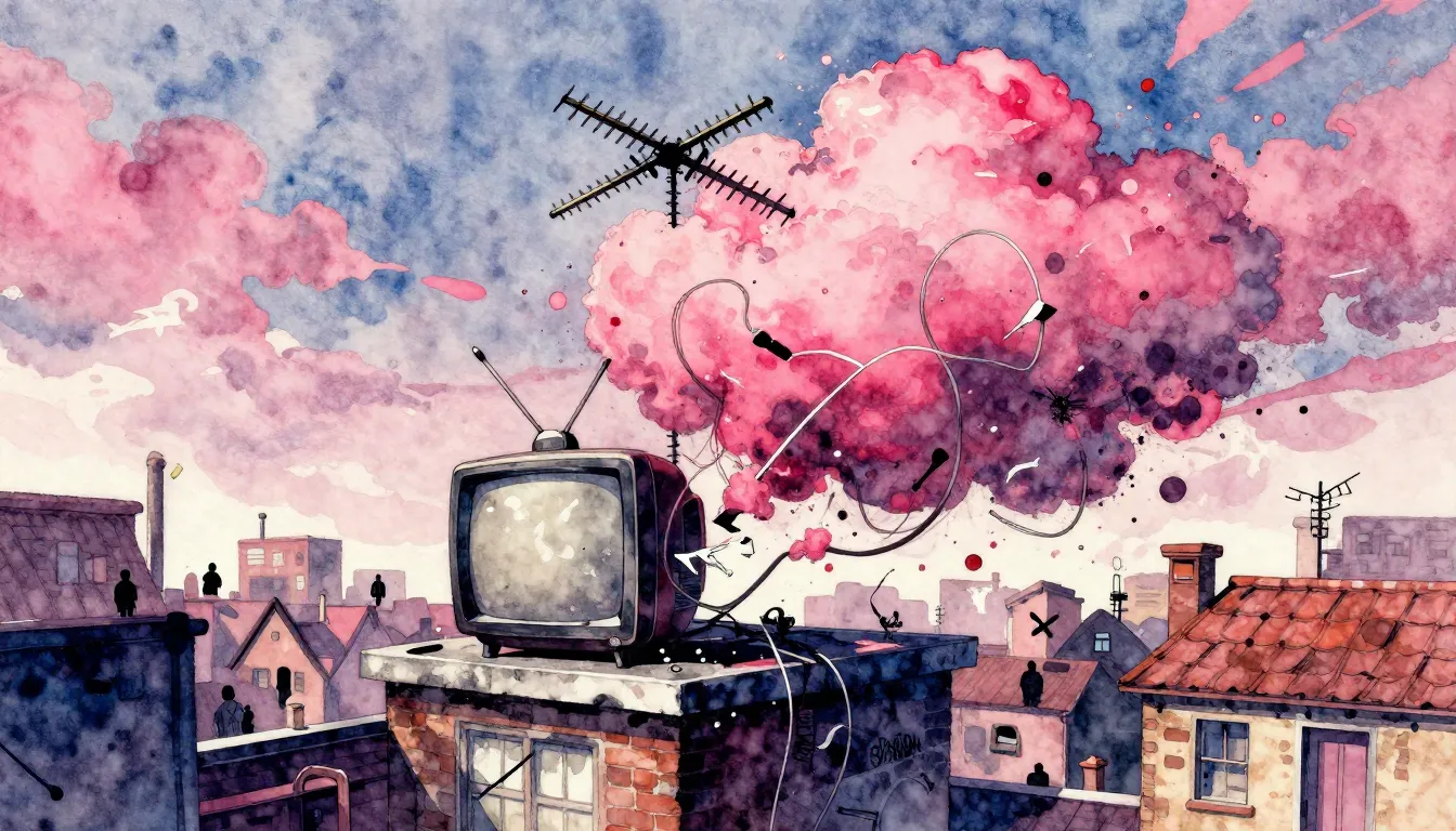 Vibrant watercolor style. Punk album cover: a vibrant pink c...