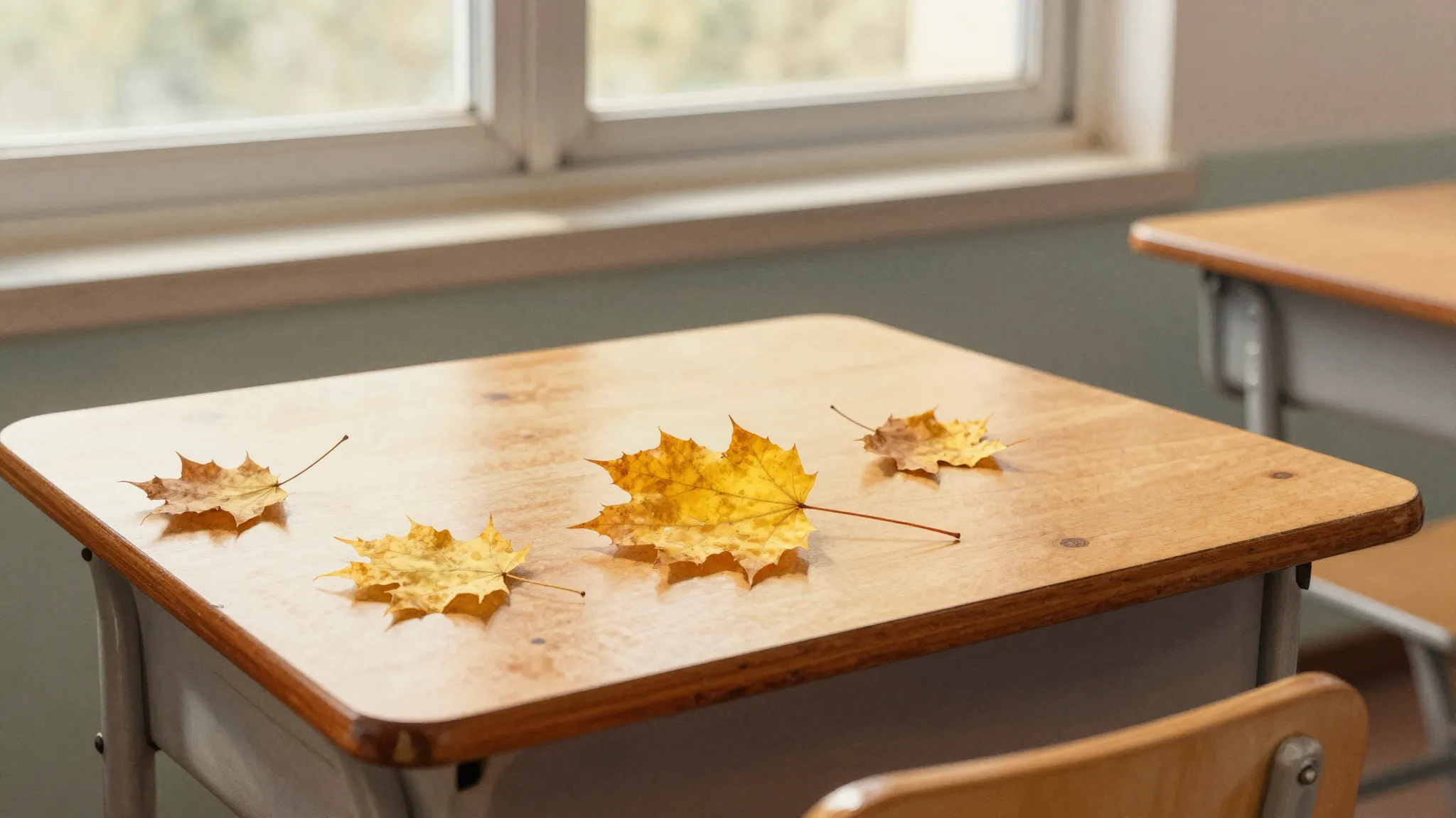 Watercolor style. Golden autumn leaves on a wooden school de...