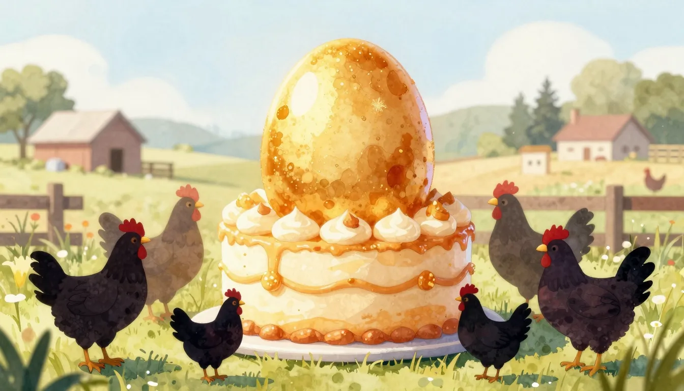 Watercolor style. A large festive cake shaped like a golden ...
