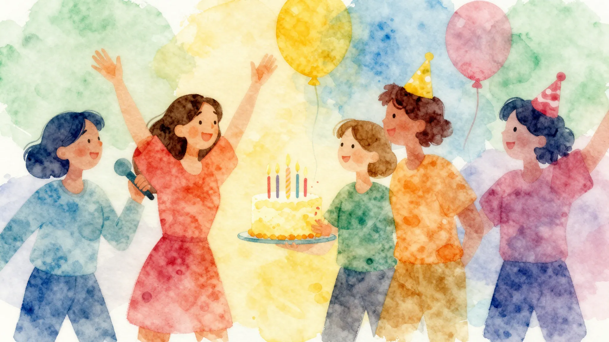 Vibrant watercolor style. Birthday song cover: festive, warm...