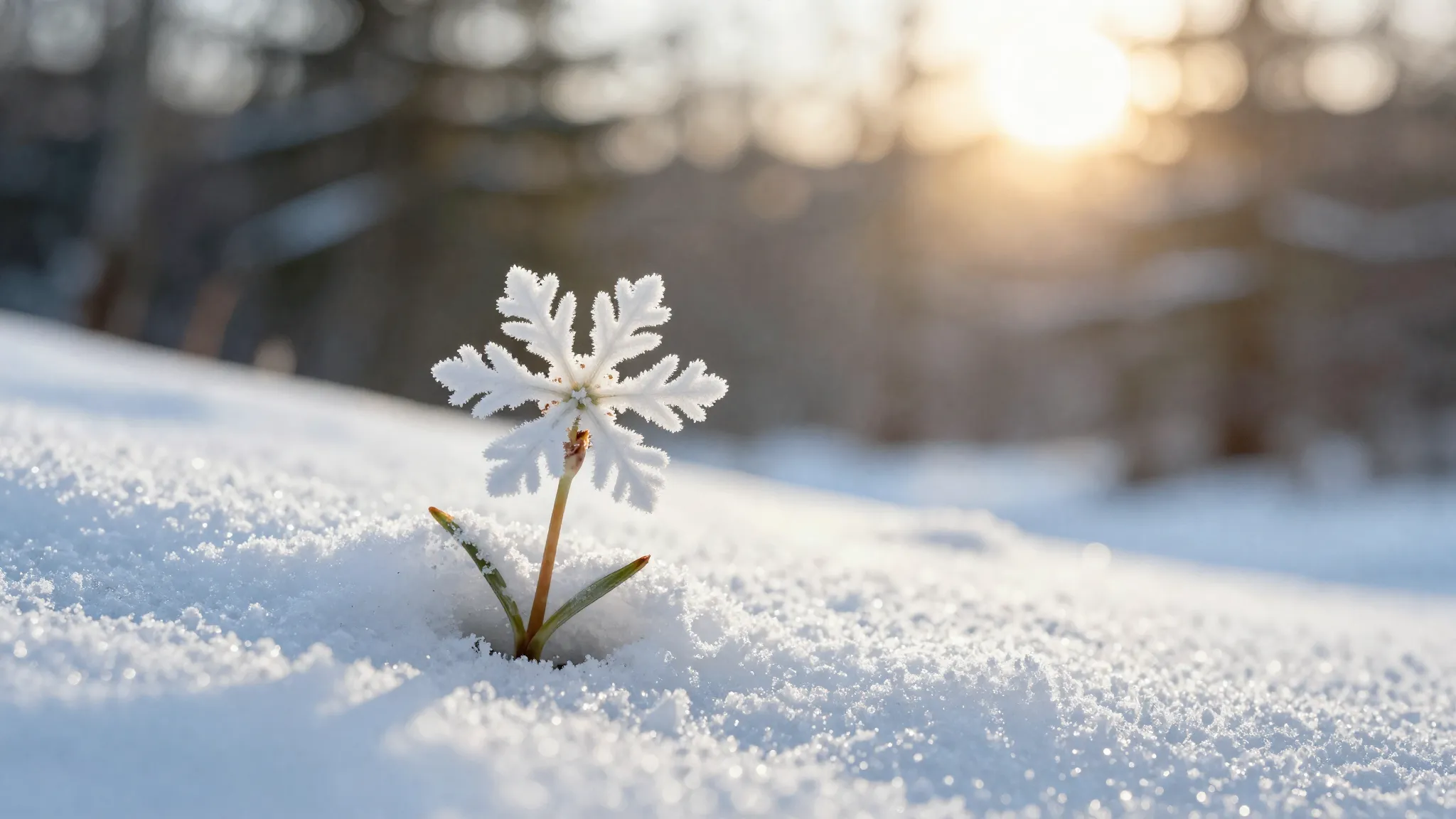 Watercolor style. A delicate white snowflake flower emerging...