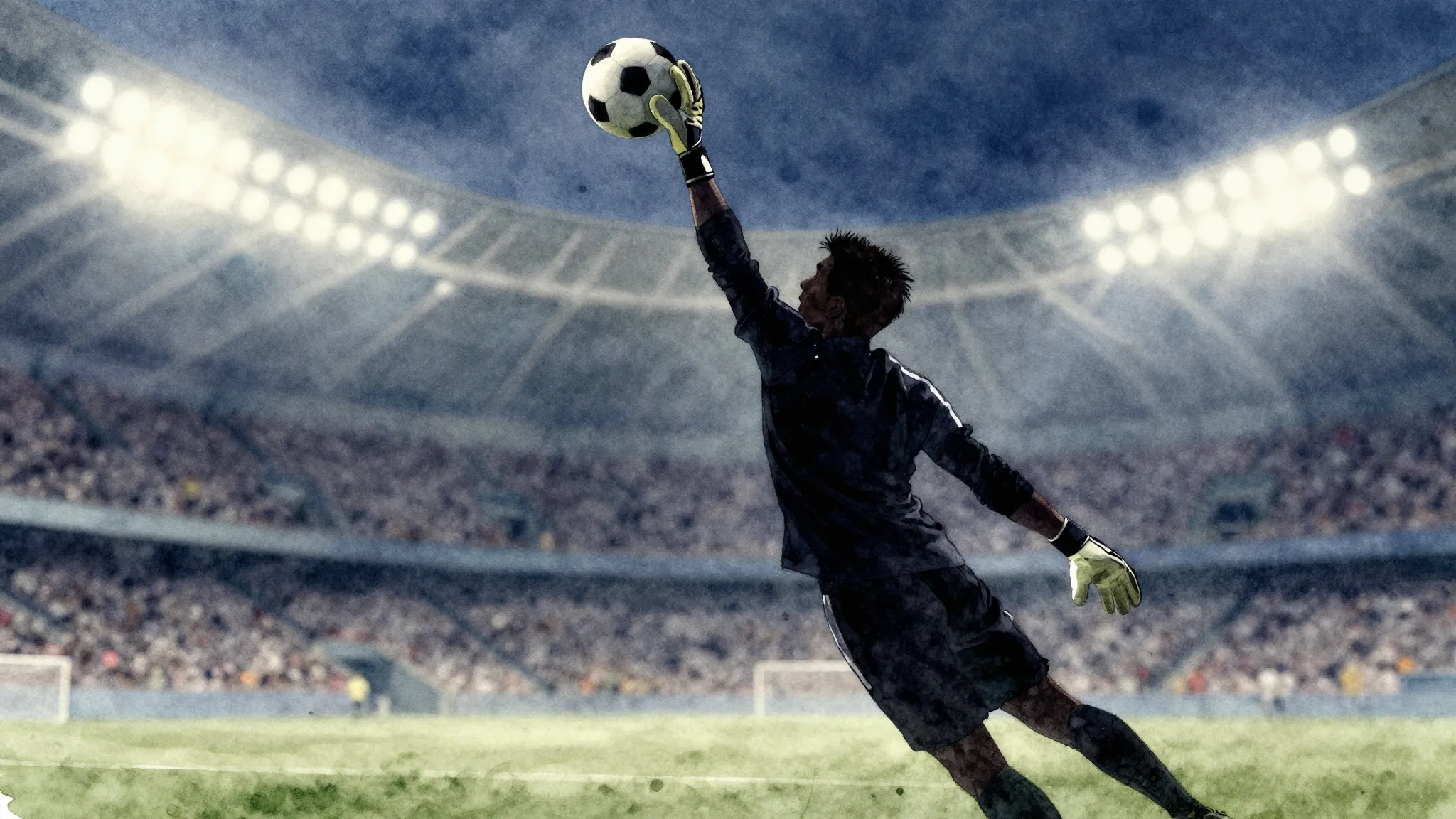 Watercolor style. Silhouette of a goalkeeper catching a socc...